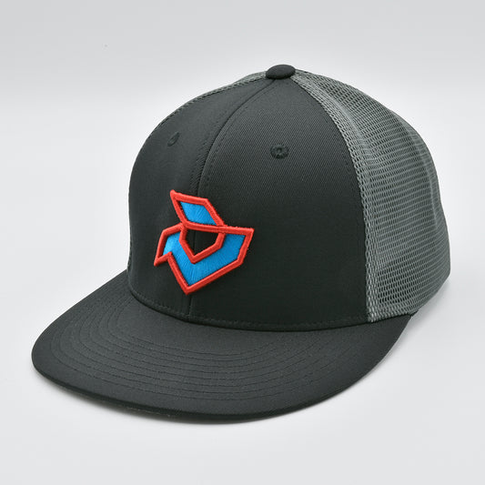 DeMarini Black/Graphite Performance Flexfit Trucker - Blue Teal / Red Logo